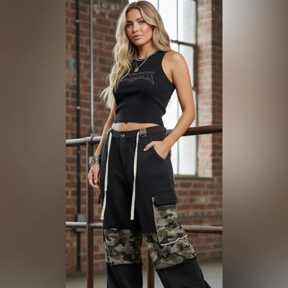 NWT POL Camo Camouflage Cargo Wide Leg Drawstring Casual Pants Black - Picture 4 of 7